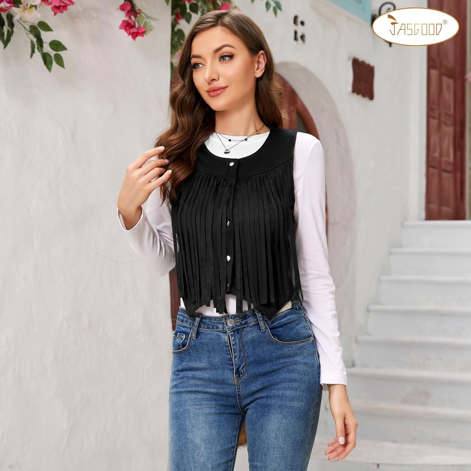 JASGOOD Tassel Vest Women 70s Suede Hippie Faux Sleeveless Fringe Jacket Western Tassel 60S Outfit - Image 3