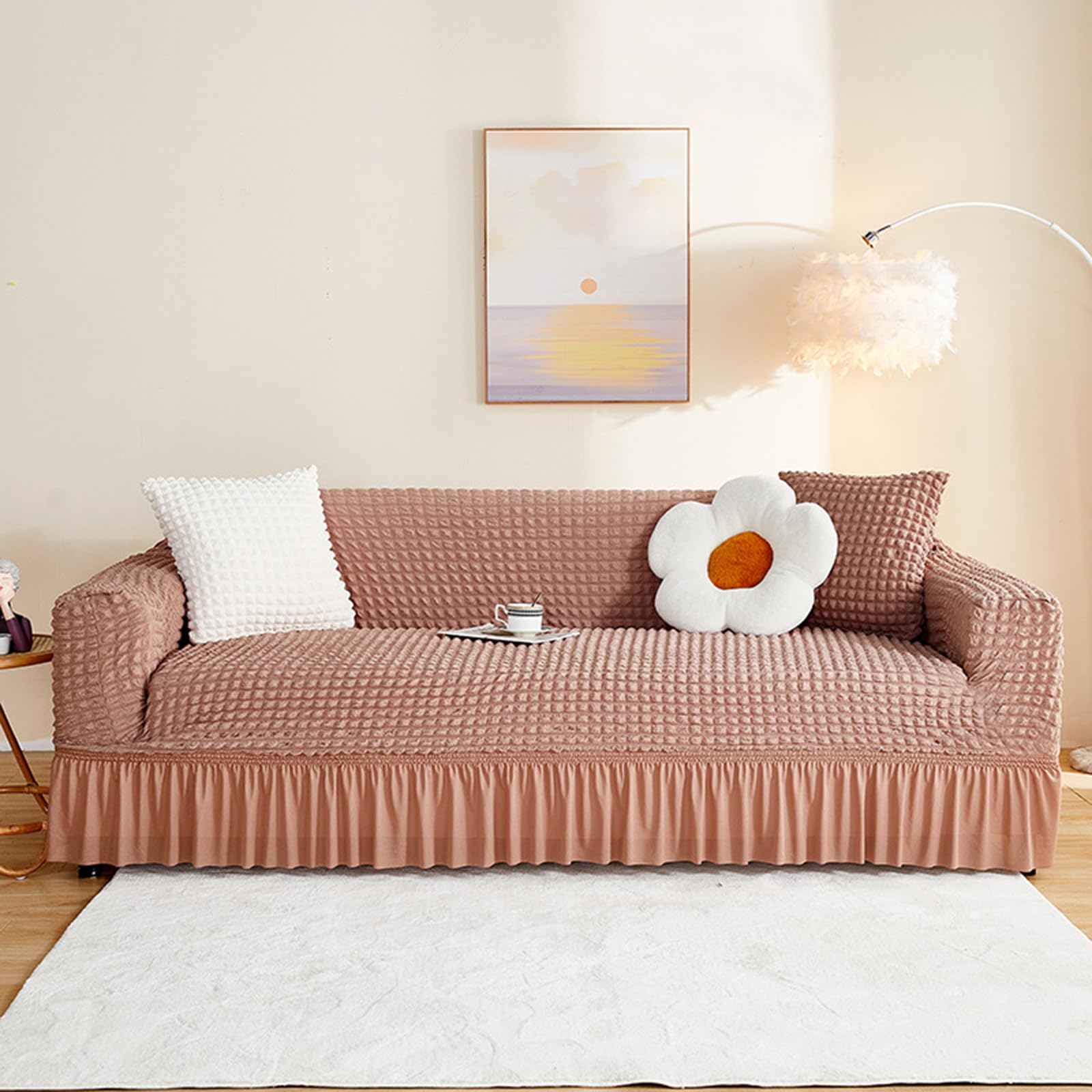 JIXINHEKEJI Stretch Seersucker Sofa Cover Instant Makeover, Non-Slip Soft Washable Couch Slipcover With Elastic Bottom And Skirt, Furniture Protector For (Size:4 seaters (235-300cm),Color:Light Brown)