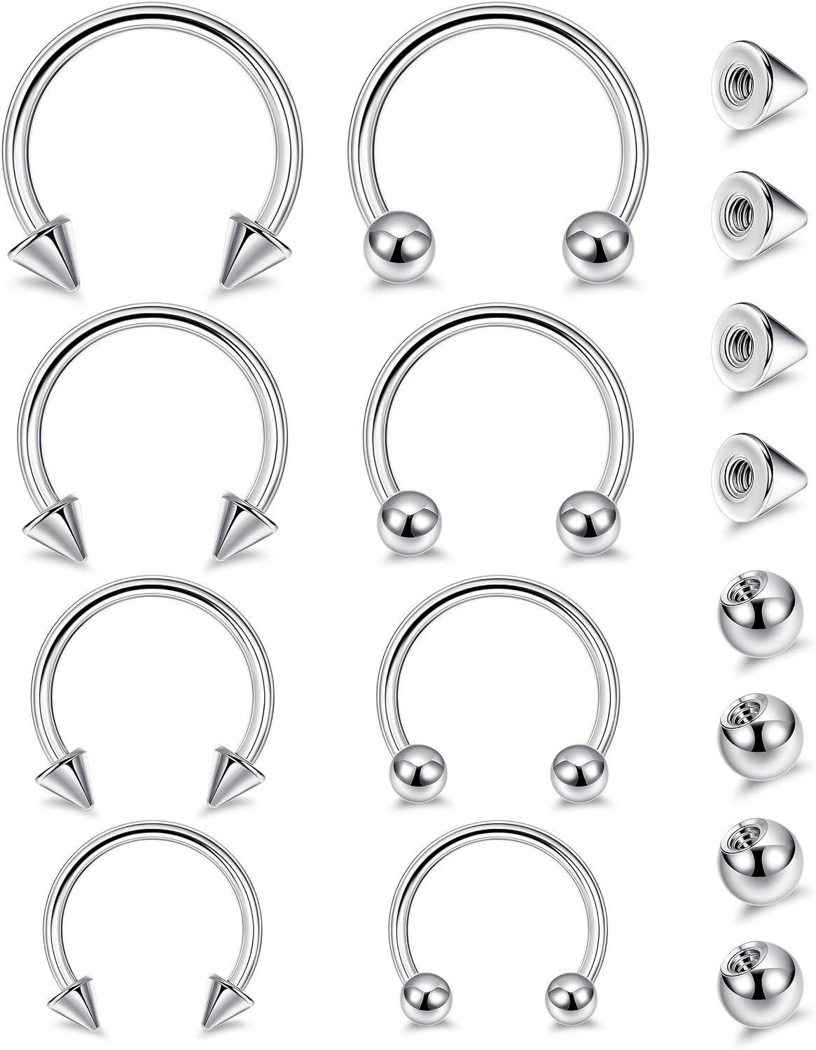 8Pcs 14G 16G 18G 20G Horseshoe Septum Nose Ring Helix Cartilage Earrings Hoops Hypoallergenic Tragus Daith Eyebrow Lip Ring Smily Piercing Jewelry Replacement Ball Spikes 7-12MM
