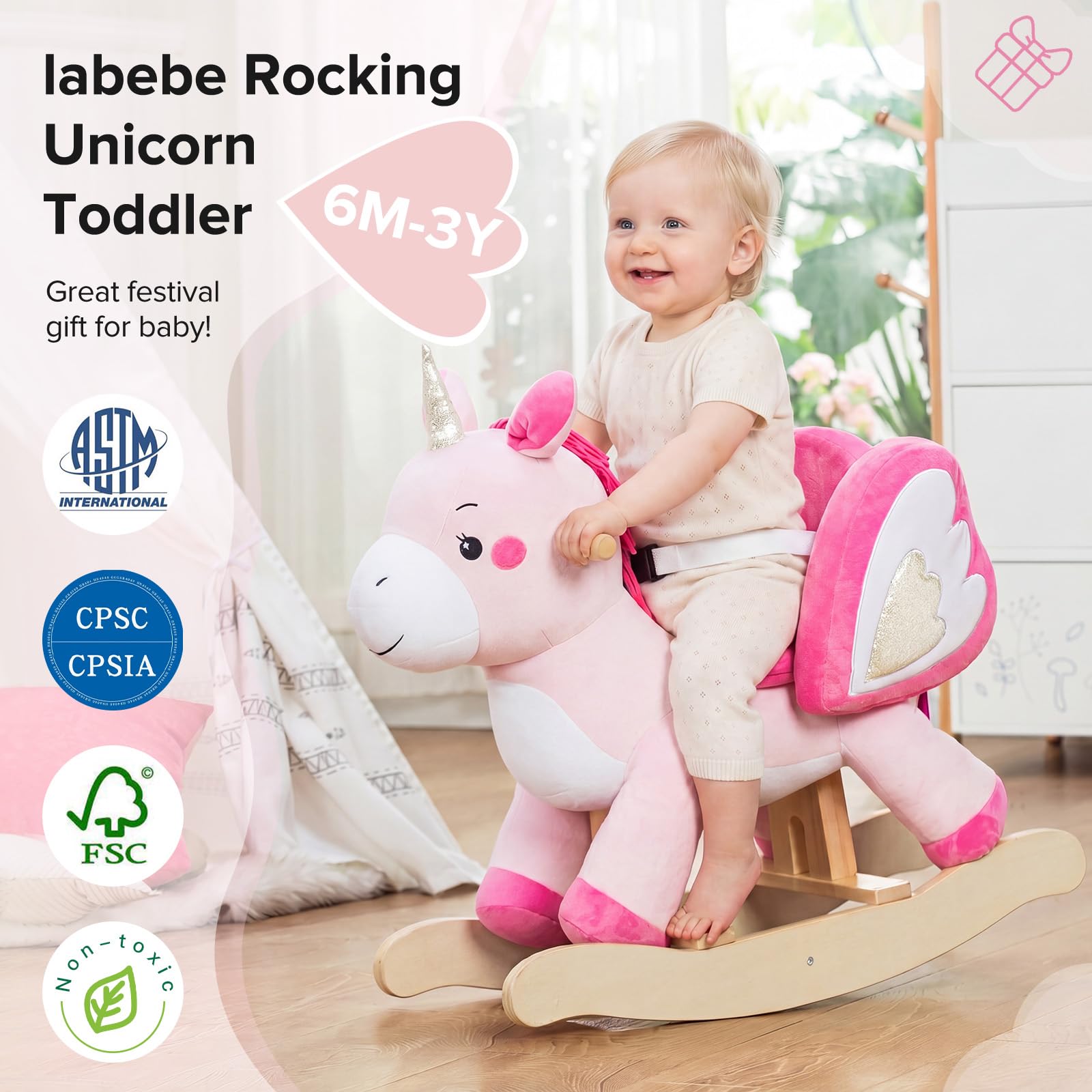 labebe Baby Schaukeltier Holz, Schaukelpferd Plüsch, Spielzeug Schaukelpferd Rosa Einhorn für Baby 1-12 Jahre Alt, Schaukel Pferd/Indoor Schaukel&Garten/Schaukeltier Rosa