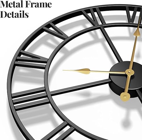 Miniatura 5 de Cuspin Reloj de pared de 24 pulgadas, color negro, grandes relojes de pared decorativos para sala de estar, relojes redondos de metal modernos que