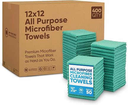 Bulk 12 X 12 All Purpose Microfiber Towels Wholesale - Case Quantity 400 Count | No Fraying | High Density Microfiber | Zero Chemical Cleaner | Long-Lasting Green