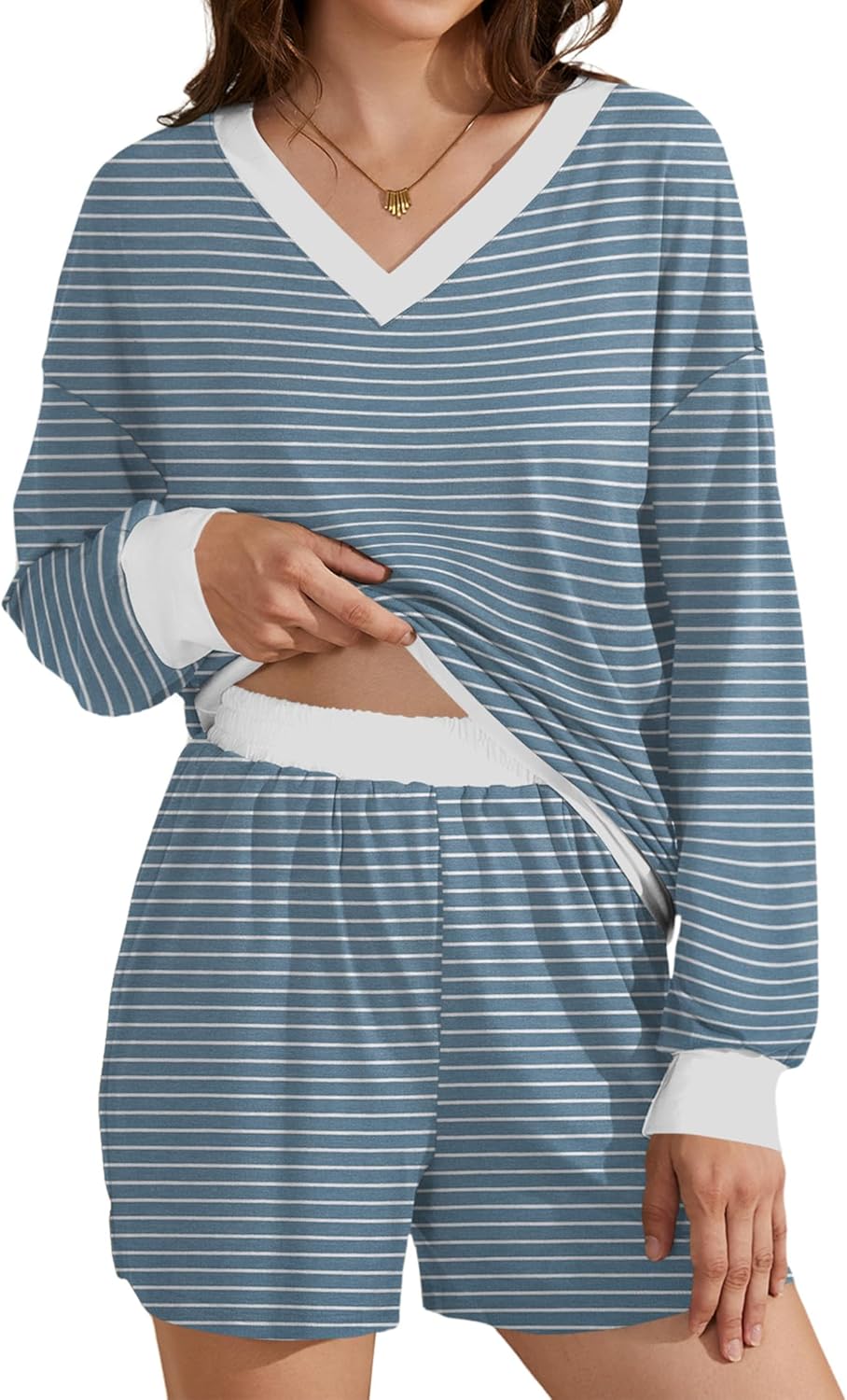 AKEWEI Womens Pajama Sets V Neck Long Sleeve Top and Shorts Cozy Loungewear with Pocket - Image 4