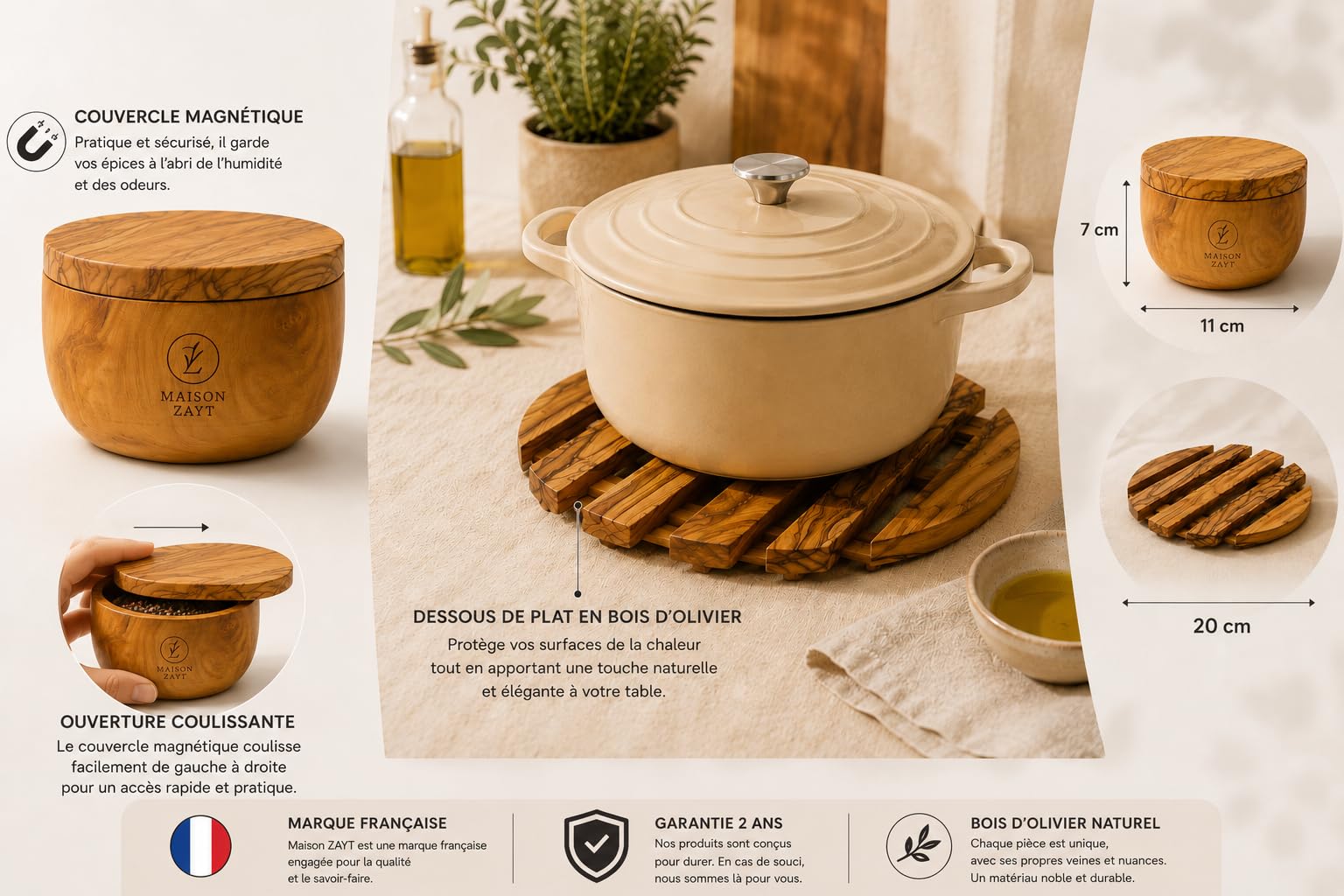 Set Cadeau Cuisine Bois d'Olivier - Pot à Épices Couvercle Magnétique Pivotant + Dessous de Plat Ajouré Rond - Artisanat Tunisien - Idée Cadeau Femme Homme Cuisine