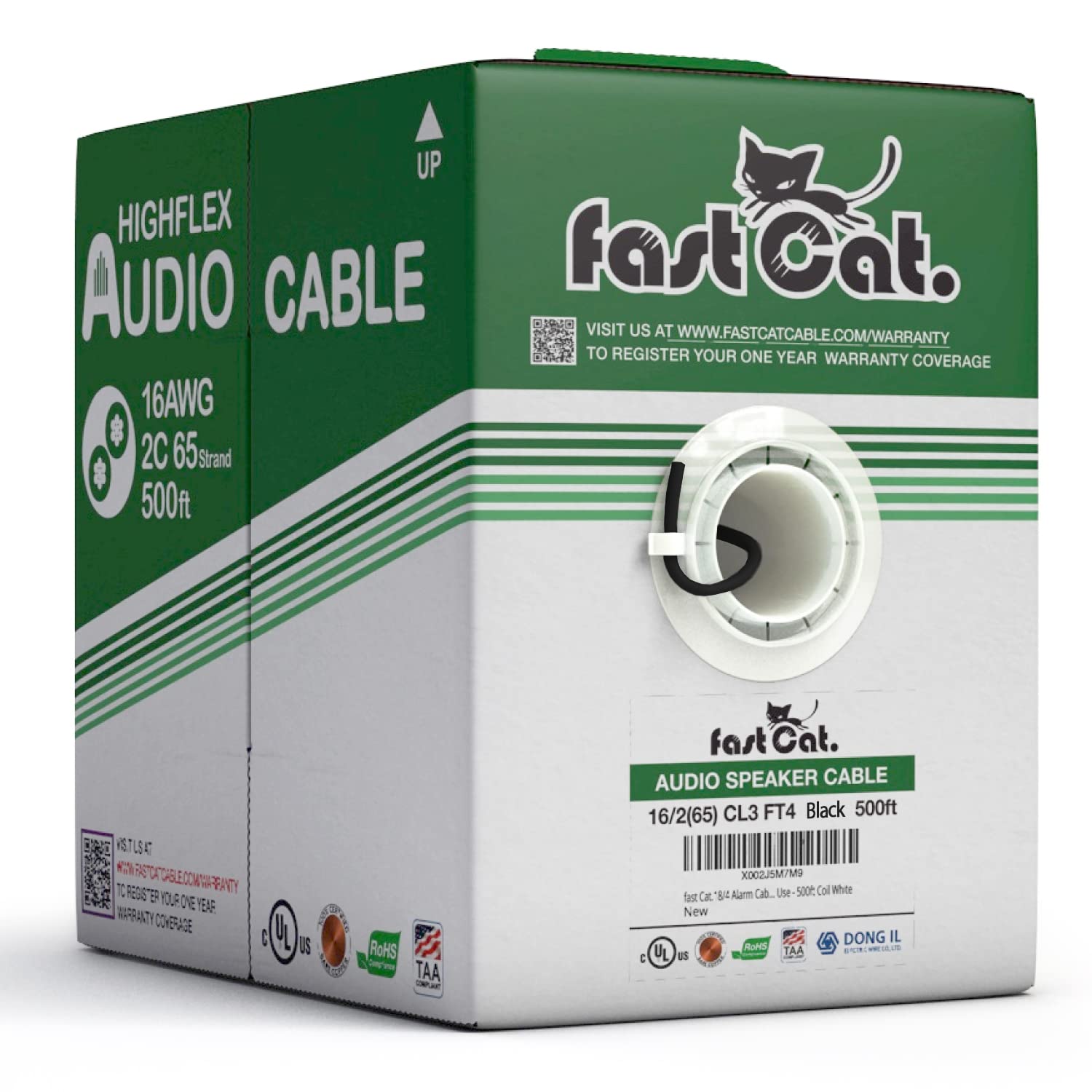 fast Cat. Speaker Wire 16 Guage 2C, UL Listed & CMR/CL3R-FT4 Rated - Speaker Cable w/PVC Jacket, 100% Oxygen-Free Pure Bare Copper - (65) HighFlex 16 Guage Wire - in-Wall Use-500ft Bulk Cable, Black