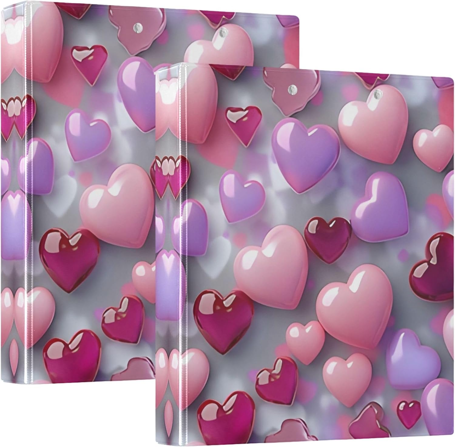 Valentine's Day Colorful Hearts 3 Ring Binders, 1.5” Round Ring Binders with Clipboard - Letter Size, 3 Interior PVC Clear Pockets & Anti-Slip Clip for Office School Supplies, 2PCS