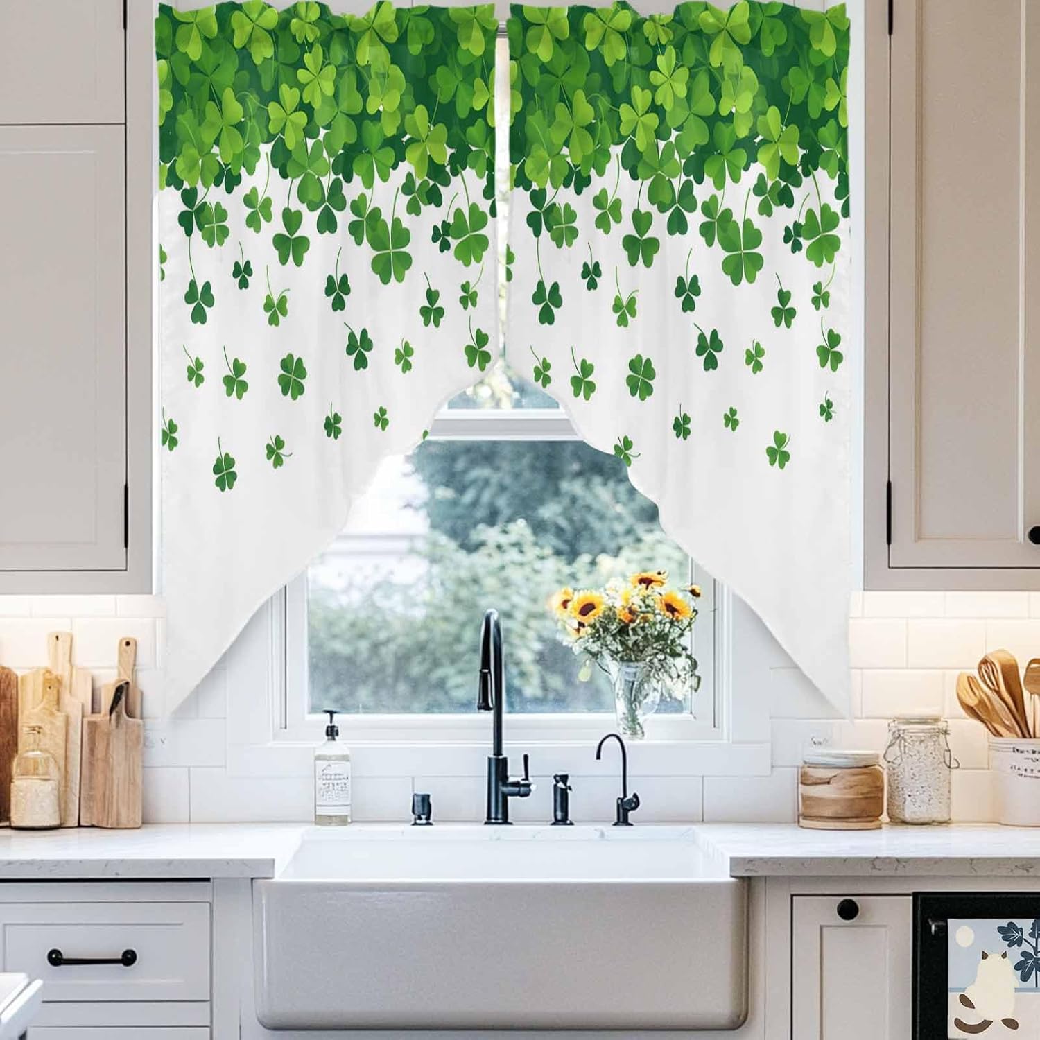 St. Patrick's Day Kitchen Curtains Lucky Shamrock Clover Window Valance Set,Green Spring Plant Clover Rod Pocket Curtains Swag for Bedroom Living Room, Irish Swag Valance 36" Long Set