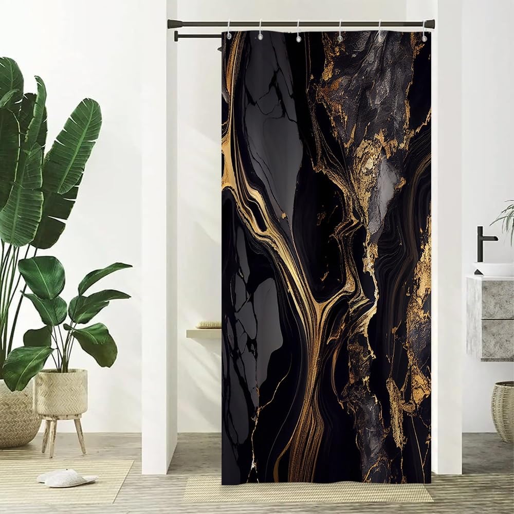 Xiaoterna Marble Shower Curtain Abstract Black Gold Marble Bathroom Curtain Gold Powder Sparkling Modern Luxury Marble Shower Curtain Machine Washable Waterproof Fabric 90x180cm