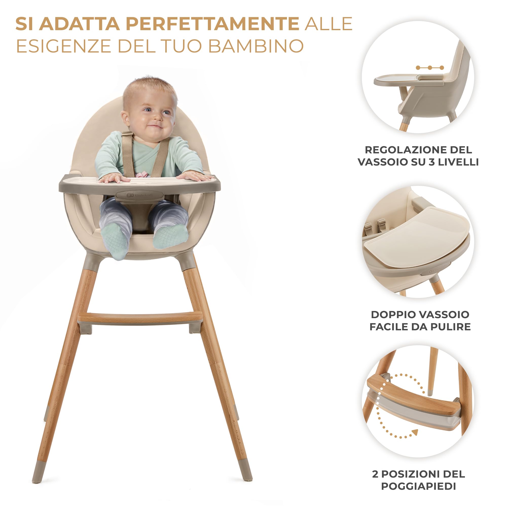 Kinderkraft FINI 2 Seggiolone Pappa 2 in 1, Rialzo da Sedia, Poggiapiedi Vassoio Regolabile, per Bambini da 6 Mesi fino 5 Anni, Beige