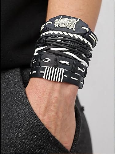 Miniatura 2 de Juego de 8 pulseras de cuero punk para hombres y mujeres, 6 puños trenzados de poliuretano, collar y llavero, ajustable, apilable
