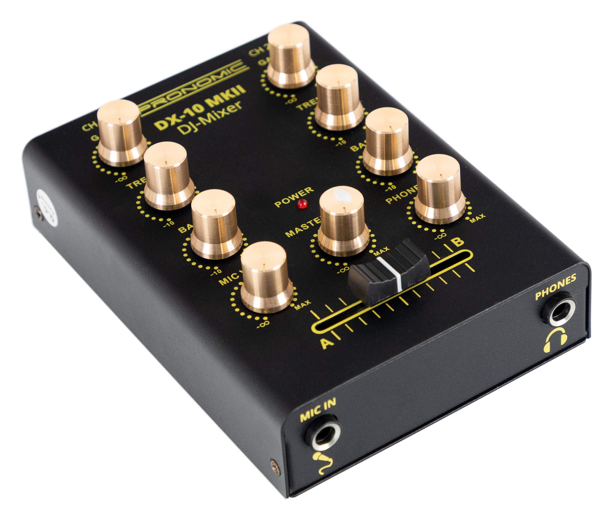 Pronomic DX-10 MKII DJ Mixer - kompakter 2-Kanal-DJ-Mixer mit zwei Line-Eingängen und 2-Band Equalizer - Mikrofoneingang mit separatem Laustärkeregler - Master- und Kopfhörer-Ausgang - schwarz