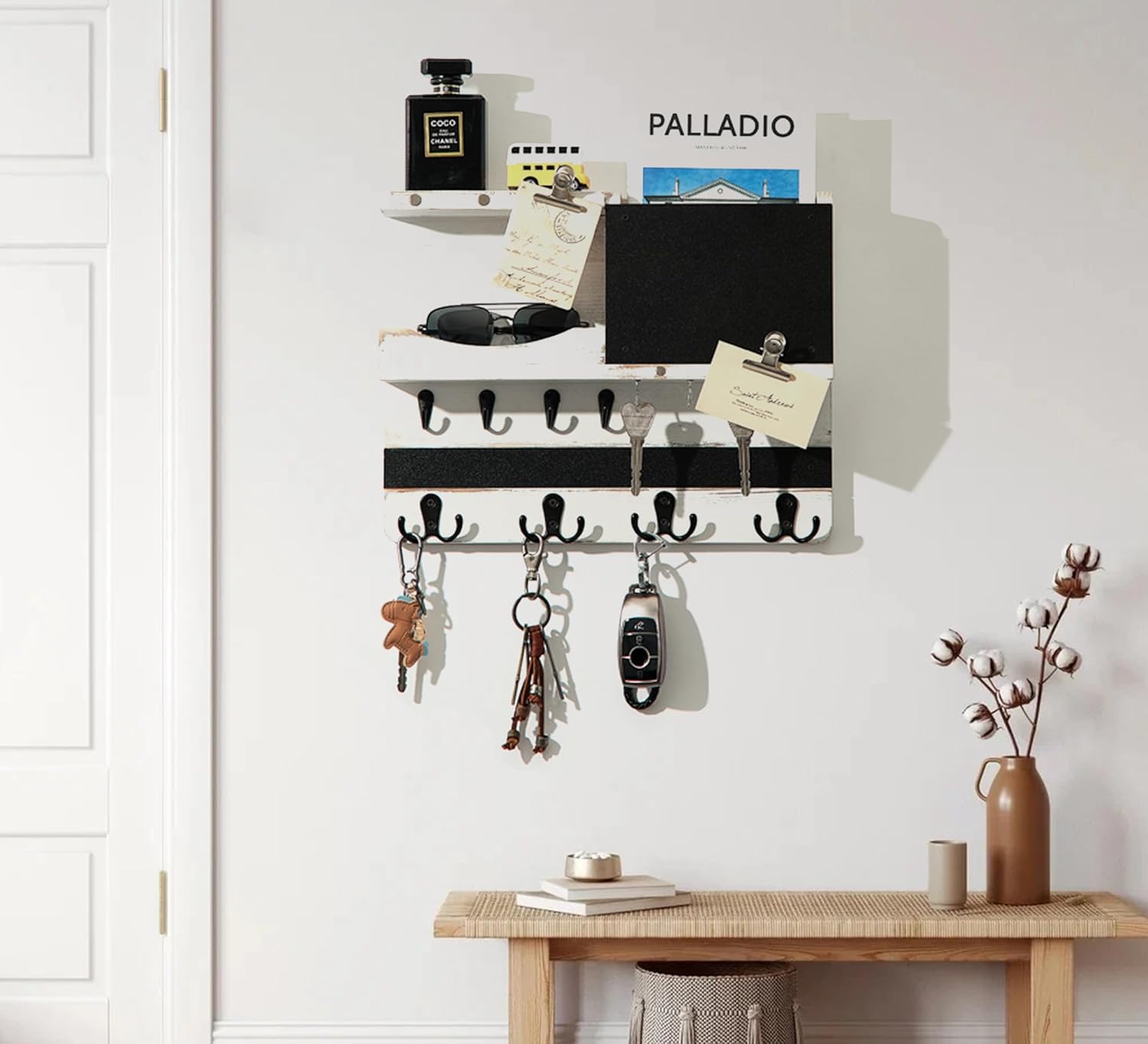 Key Holder for Wall Mount with Shelf and Mail Organizer, Key and Mail Holder with 16 Hooks, Farmhouse Entryway Organizer, Home Decor Rack (Pine Wood, White Washed)