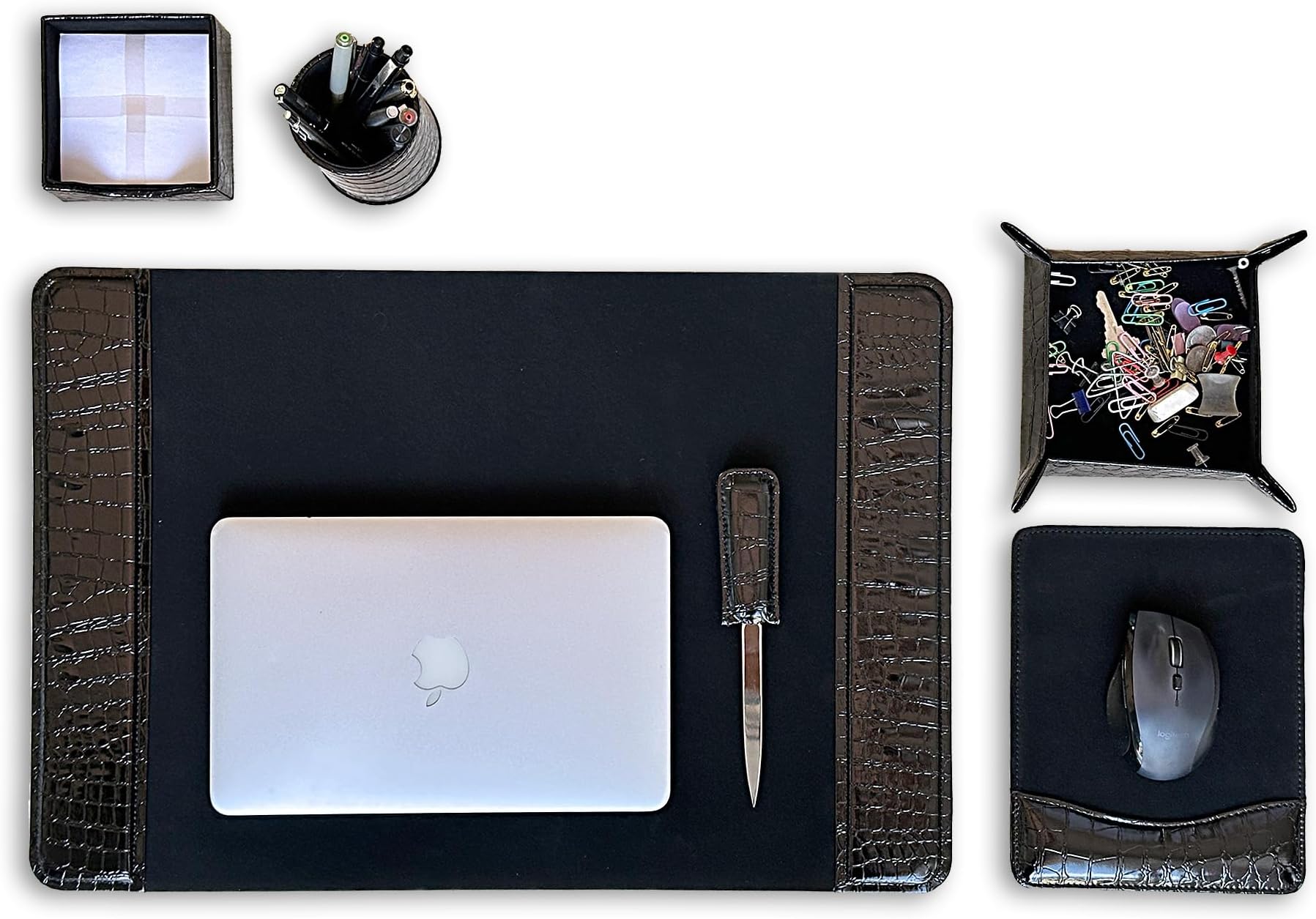 Eco-Friendly 6 Piece Leather Desk Set, Black (17C-DSBA6)