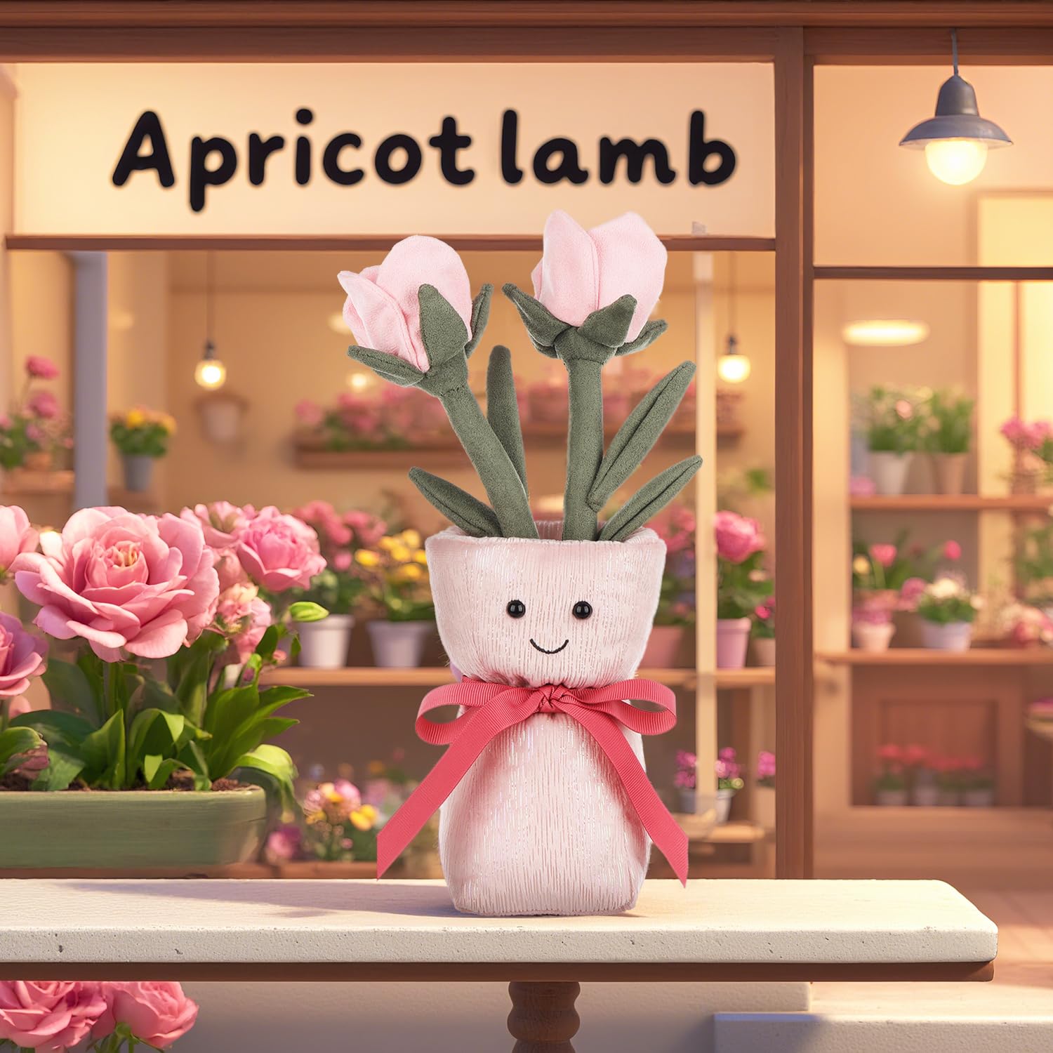 Apricot Lamb Calliopsis Vase Plush Stuffed Animal - 14" Soft Pink Fluffy Toy For Kids & Babies
