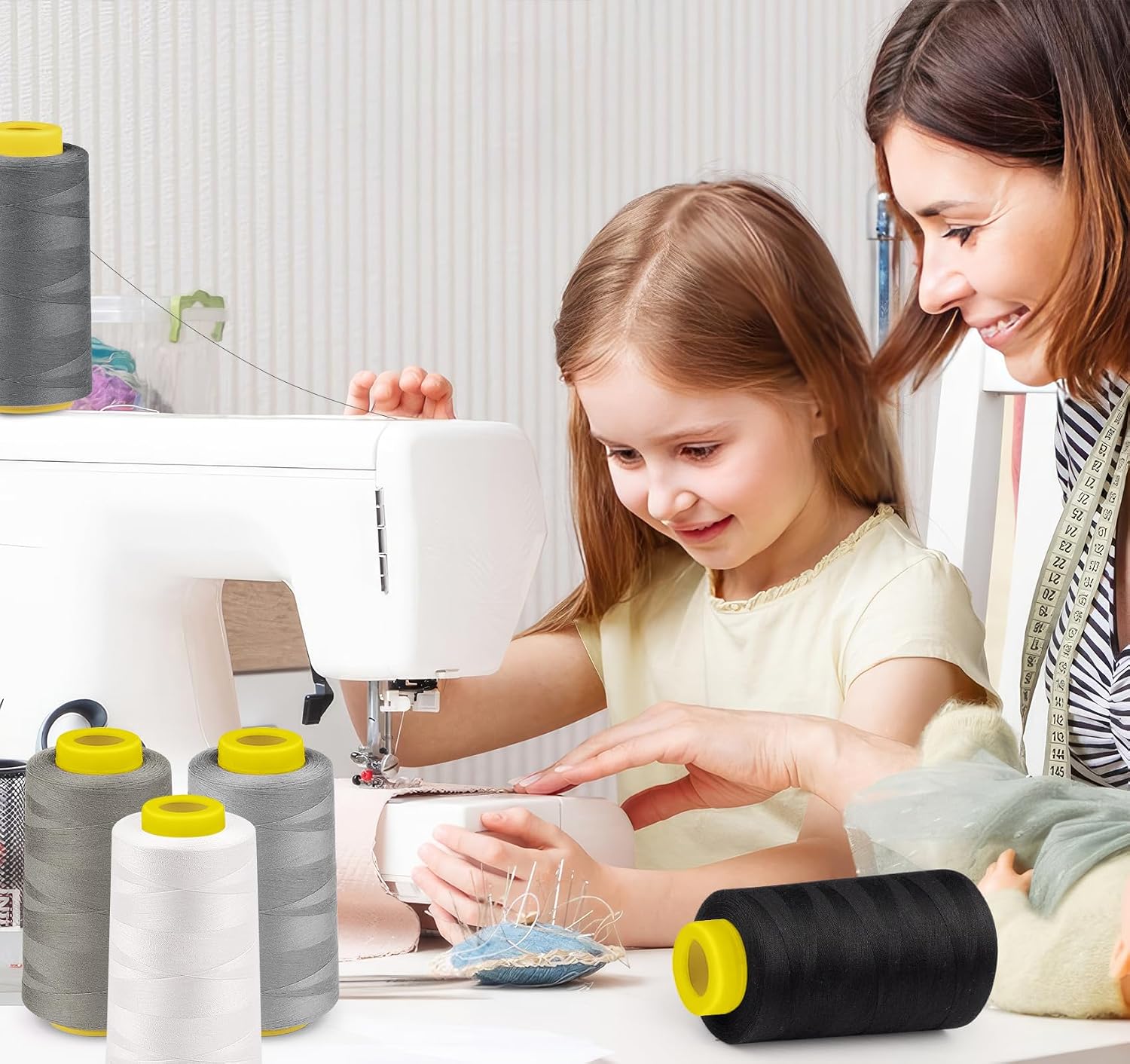 Serger Thread 5 Cones 3000 Yards Each, Polyester 40S/2 All Purpose Thread for Serger & Overlock Sewing Machine, Strong Low-Lint Thread for Quilting Piecing – Black White Beige Grey Dark Grey