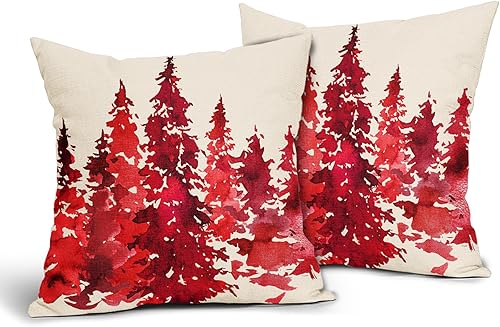 Miniatura 2 de Juego de 2 fundas de almohada de árbol rojo acuarela de 18 x 18 pulgadas, fundas de almohada decorativas de Navidad con temática de naturaleza,