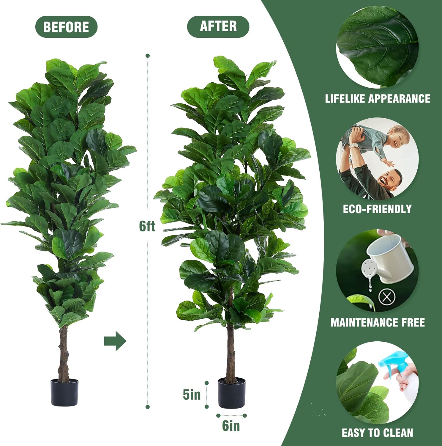 Fiddle Leaf Fig Tree 6ft Tall Artificial Tree in Pot Fake Ficus Lyrata Plants with 184 Decorative Fiddle Leaves Faux Fig Trees for Home Office Living Room Decor Indoor Outdoor, 2 Pack