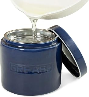 Bacon Grease Saver with Strainer - Ceramic Grease Container 1L Storage Canister | Holds Bacon Fat Drippings | Oil Keeper for Kitchen Counter Storage