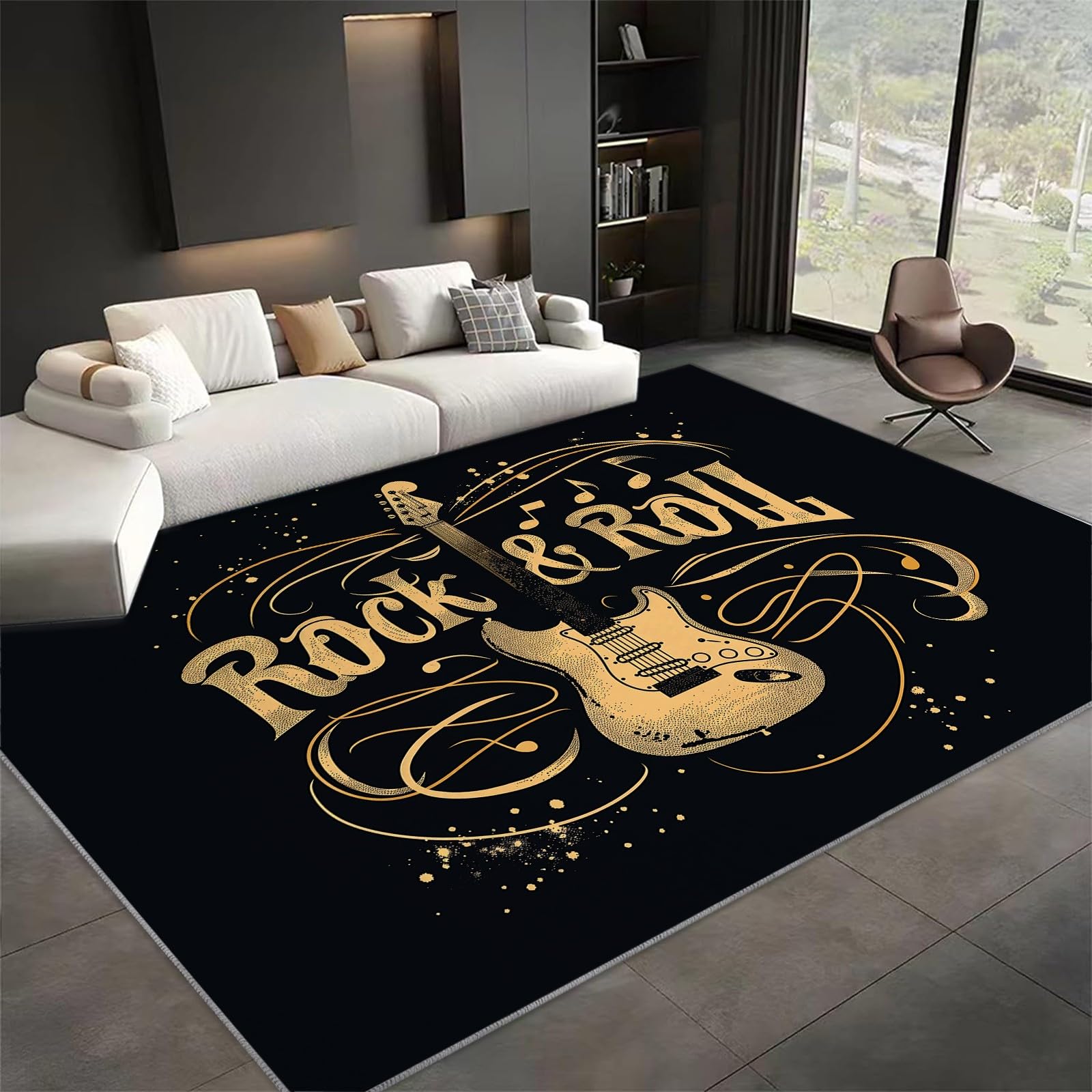 Générique Tapis de Salon Style Rock Guitare Notes De Musique Noir 160x230 cm Salle à Manger Adulte Bureau Design Moderne Poil Court Doux Léger Résistant, pour Salon, Chambre à Coucher, Couloir