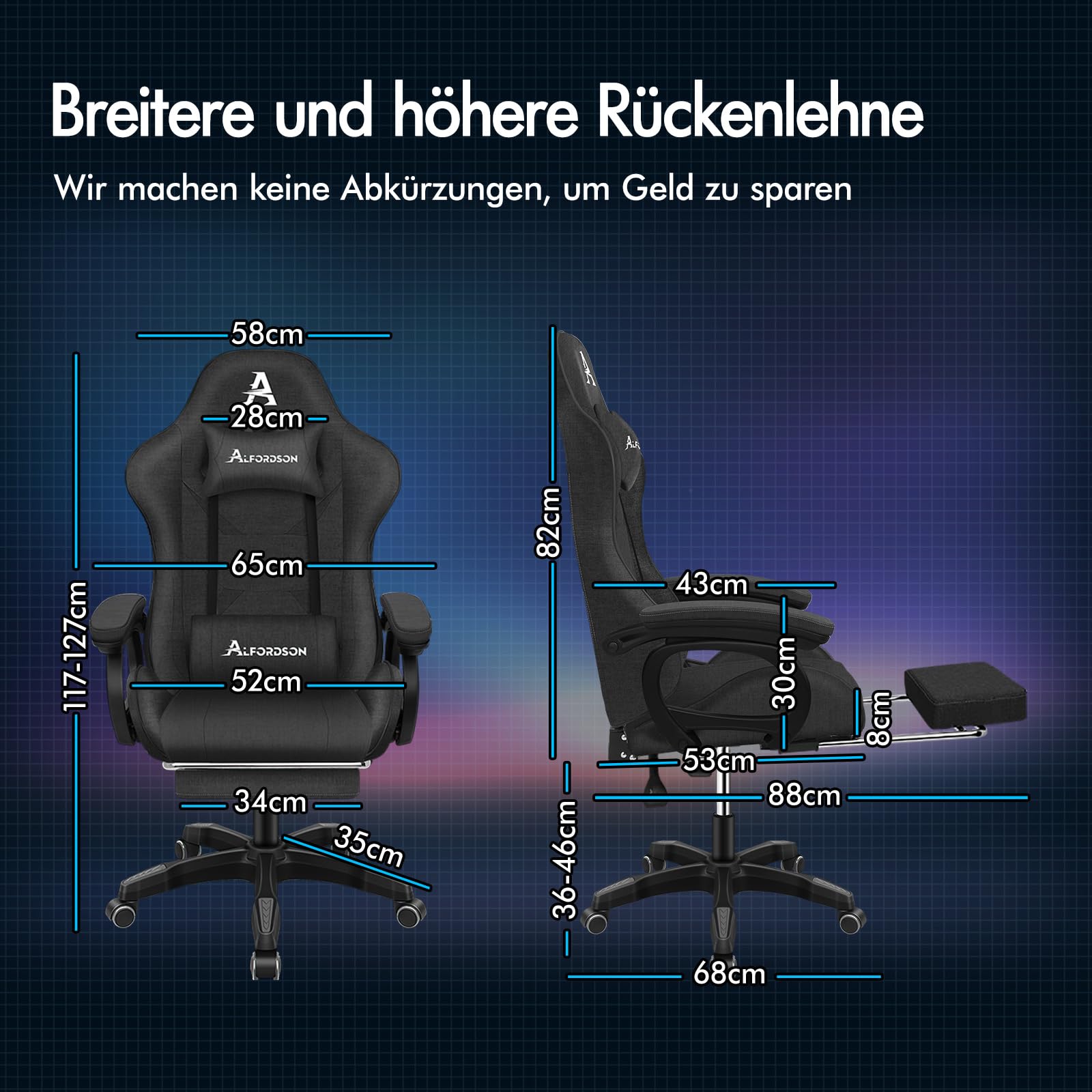 ALFORDSON Gamingstuhl, Bürostuhl, mit 2-Punkt-Massage, Fußstütze, Kopfstütze und Lendenkissen, 150° verstellbare Rückenlehne, Leinen Fabric, Dunkelgrau