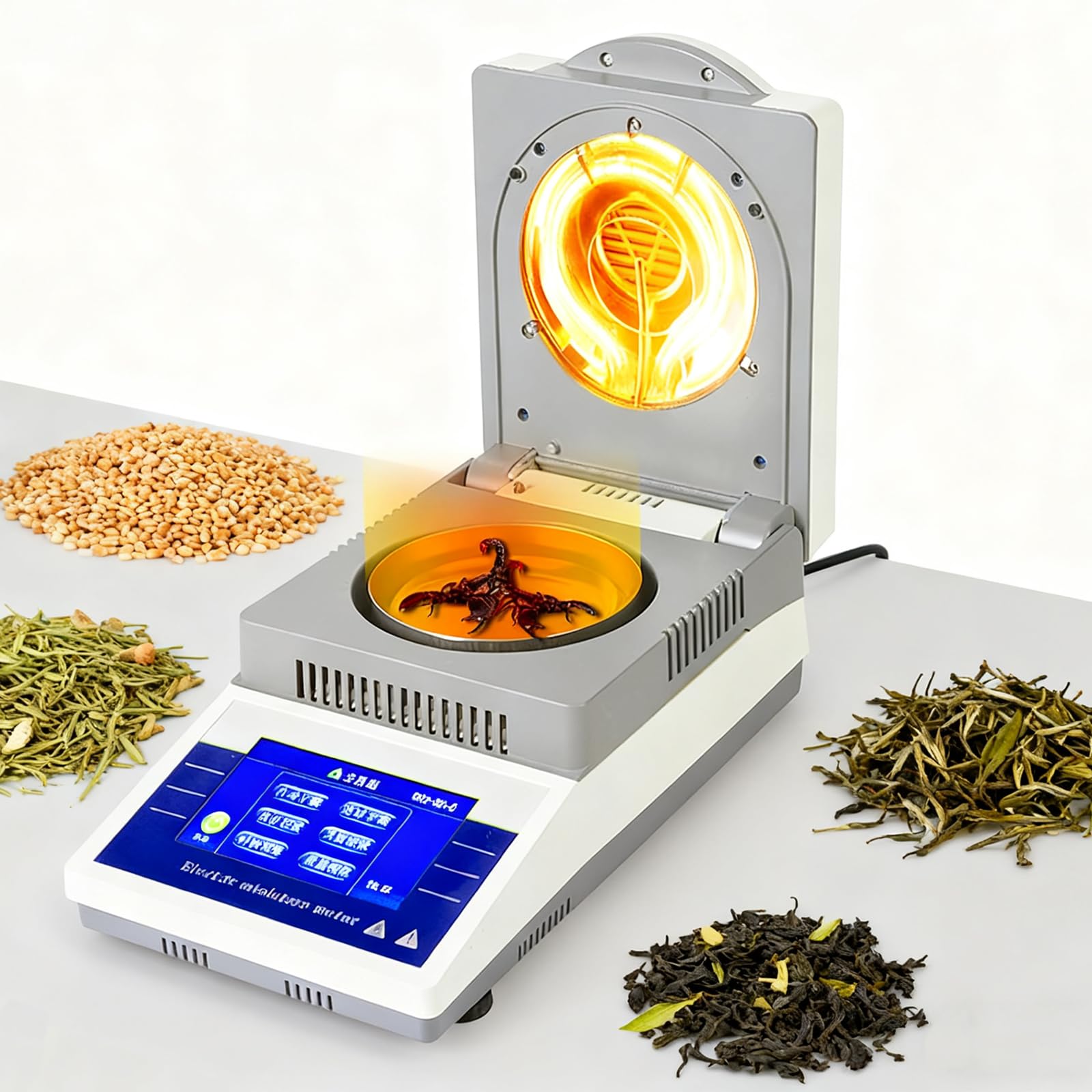 Analizador de humedad halógeno de precisión de 50 g/0,001 g, medidor de humedad automático para granos, hierbas, té, calor ajustable de 50 a 80 °C y temporizador de 0 a 90 minutos, interfaz de datos