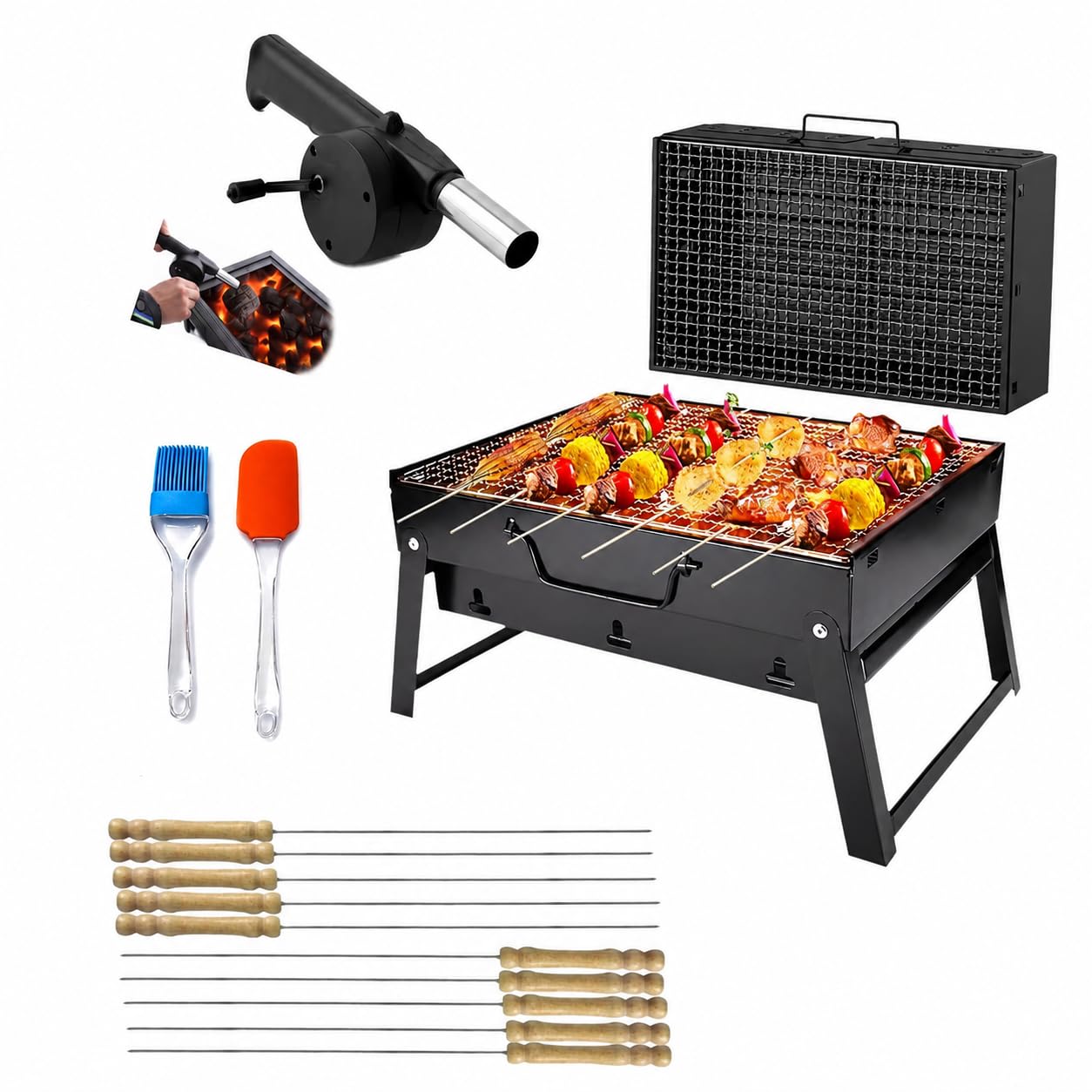 NEW 2026】Portable Barbecue Grill Folding BBQ Grill, 【5 Pc Combo】12 Skewers, 2 Spatula, 1 BBQ Grill, 1 Air Blower, Foldable Charcoal Barbecue Set for Outdoor Camping, Picnic, Travel – Heavy Duty Black-image-4
