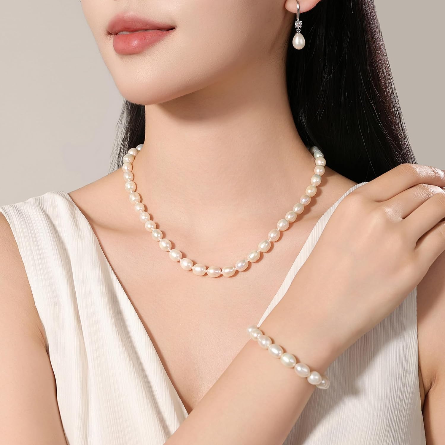 8-9mm Black/White Cultured Pearl Necklace Set Jewelry 925 Silver