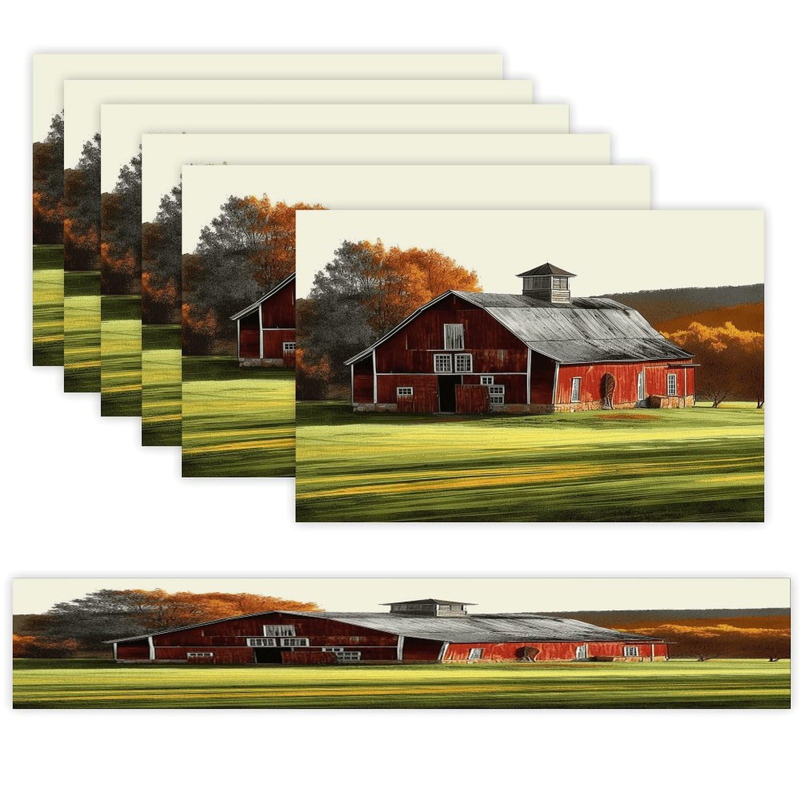 Barn Table Runner and Placemats of 6 Washable Heat Resistant Place Mats with Table Runner Vintage Holiday Table Mat Set for Holiday Party Kitchen Dining Deco