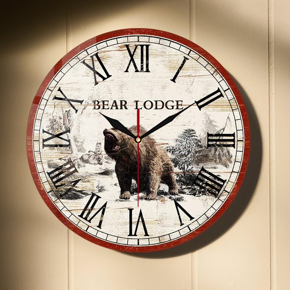 Cabin Bear Wall Clock, 15 Inch Forest Wildlife Mountain Lodge Clock Rustic Farmhouse Wall Clock Battery Operated Silent Movement for Bedroom Kitchen Living Room Bathroom Cabin Decor
