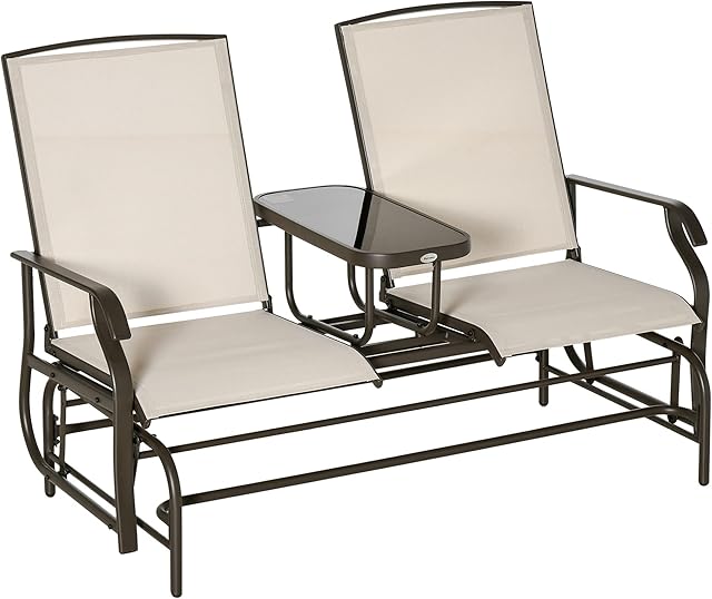 Outsunny 2 Seater Metal Double Swing Chair Glider Rocking Chair Seat Outdoor Seater Garden Furniture Patio Porch With Table Brown