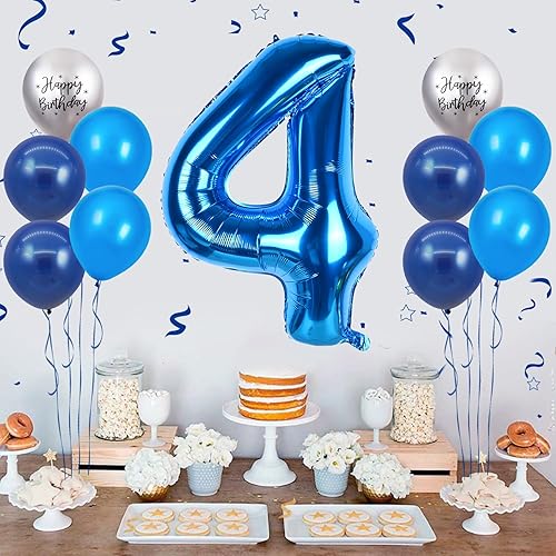 Miniatura 4 de Globo azul de 40 pulgadas con el número 4, globos de 4 cumpleaños, 11 globos plateados con impresión de cumpleaños, globos de látex azul claro