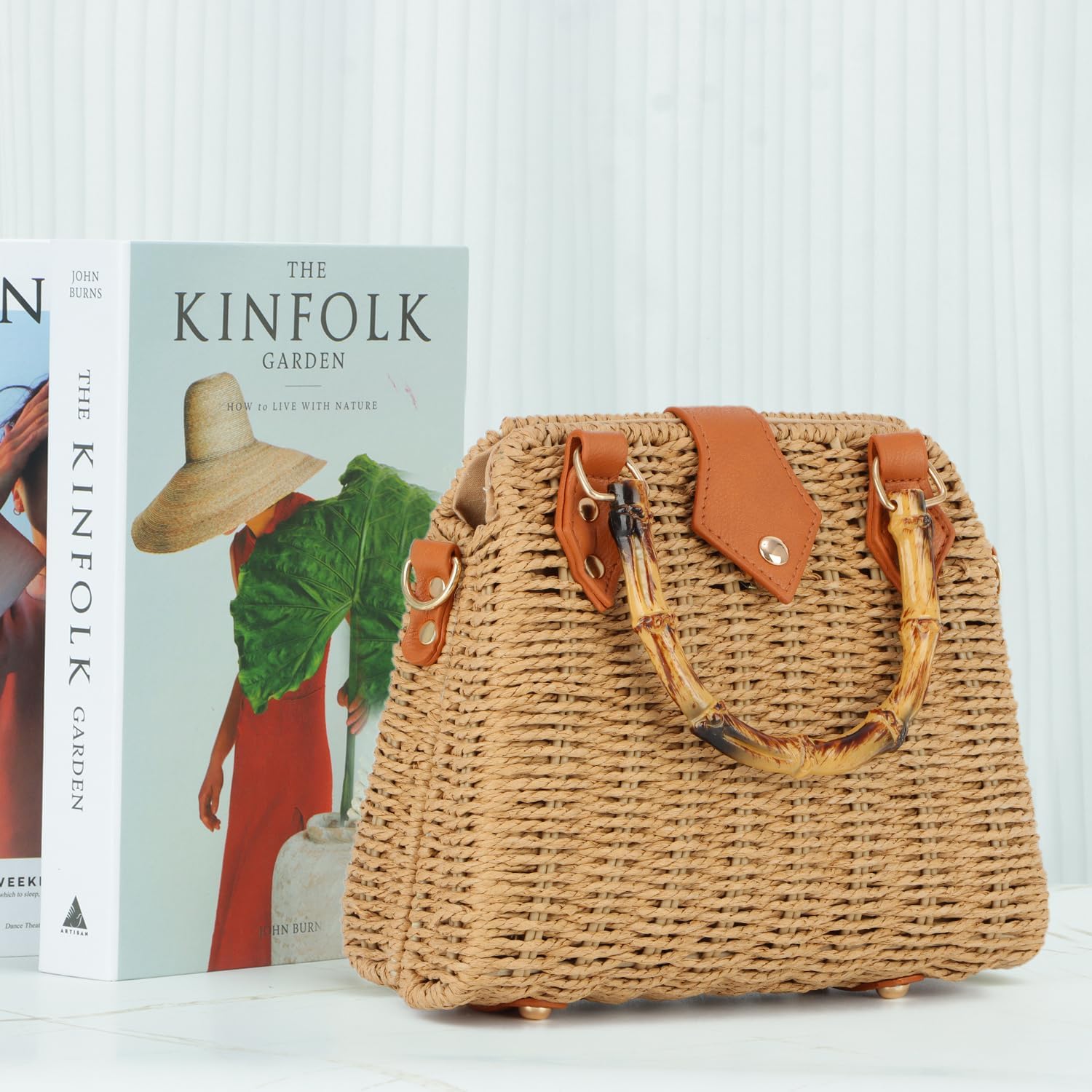 SUKUTU Women Straw Tote Bag Hand-woven Summer Beach Top-handle Handbag vintage Rectangle Cross Body Vacation Bag