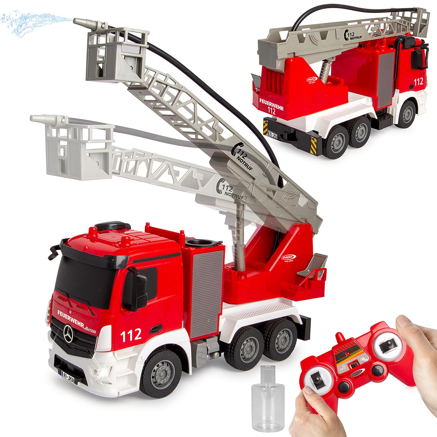 JAMARA 407300 drabina obrotowa Mercedes-Benz Antos 1:26 2,4 GHz – z funkcją natryskiwania, zabawka strażacka od 6 lat, zdalnie sterowana, zabawki RC, prezent, obrót wieży