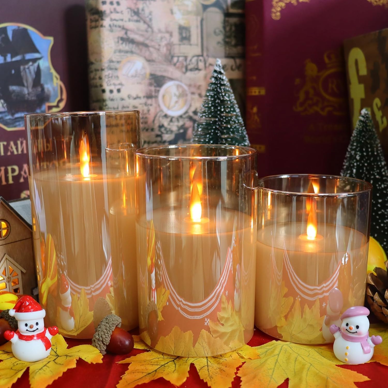 Bougies LED sans flamme télécommandées, rechargeables, bougies piliers en verre avec télécommande et fonction minuterie, flamme saute pour fêtes, mariages (autonomie 200 h) (Or)