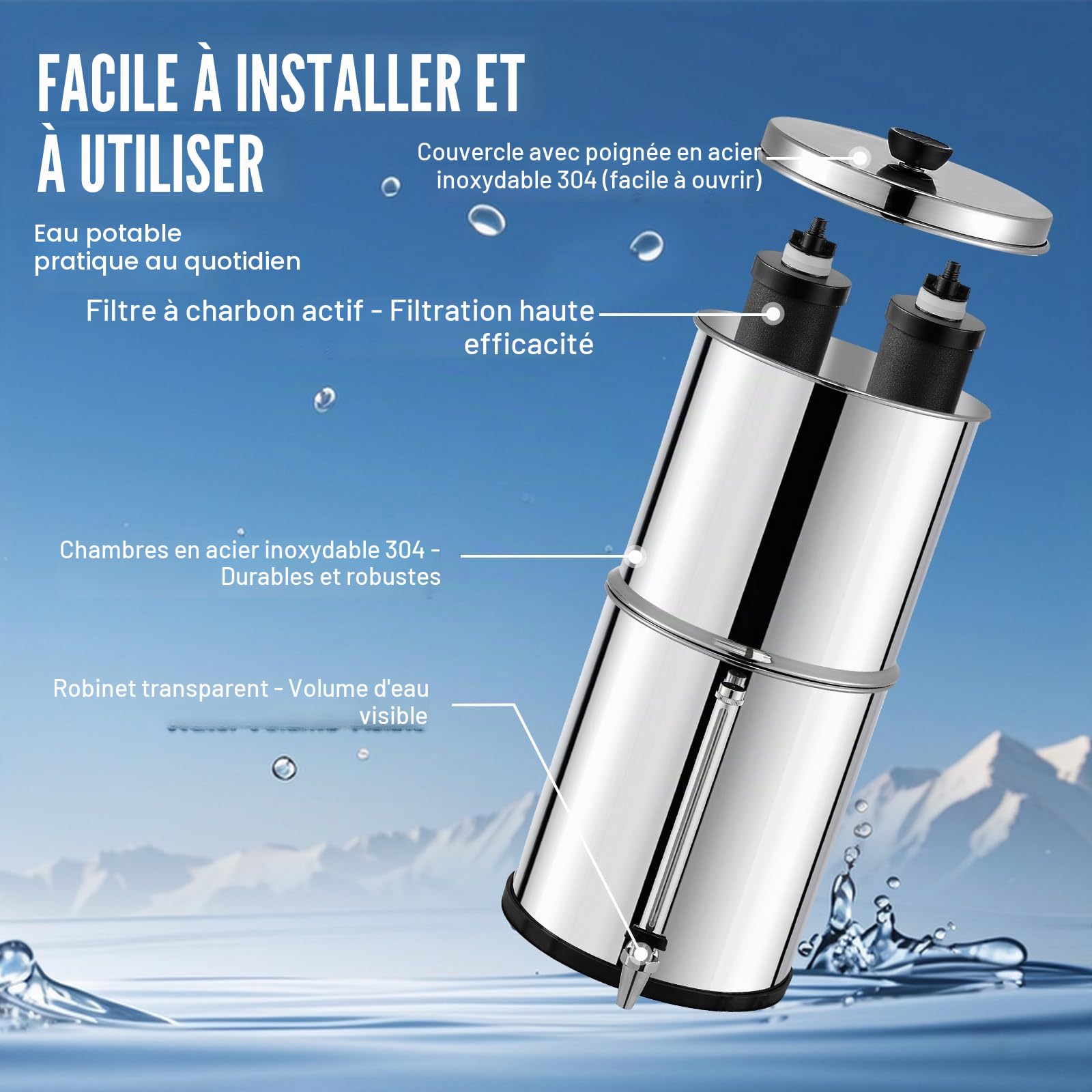 VEVOR Système de Filtration d'Eau par Gravité 8,5 L, Filtre à Eau par Gravité Réduction du Plomb et jusqu'à 99% du Chlore, en Inox 304, avec 2 Filtres à Charbon, Robinet et Niveau d’Eau, Camping
