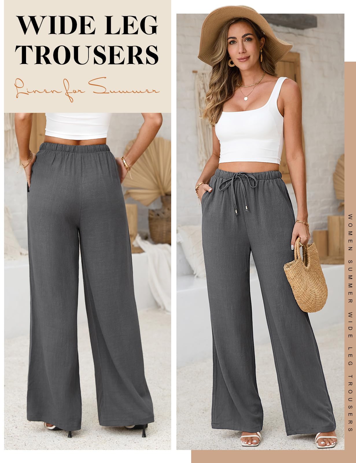 Voqeen Pantaloni Estivi da Donna in Lino Pantaloni Casual in Cotone e Tessuto di Lino Pantaloni Casual Monocromatici Pantaloni da Spiaggia a Vita Alta e Gamba Larga con Tasche