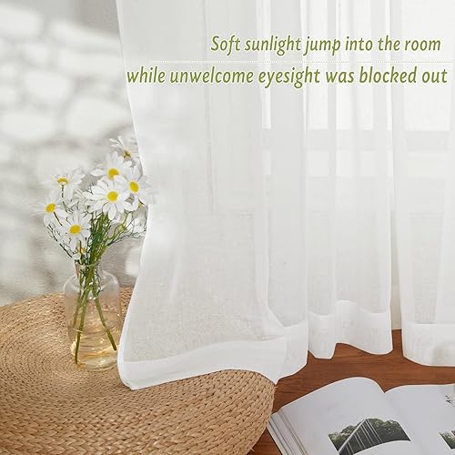 Vista 19 de PONY DANCE Cortinas transparentes para cocina, cenefas transparentes de lino sintético con textura, elegantes cortinas de gasa con pestaña trasera