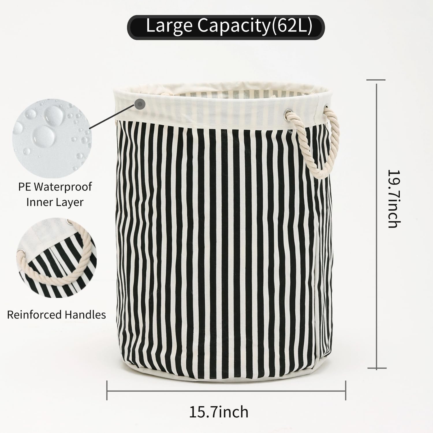 Large Storage Laundry Hamper Basket 62L with Handles for Dirty Clothes Toy Organizer Bins, Waterproof, Collapsible Laundry Hamper, Classic Stripes Pattern, Black Color, 1-Pack, Bathroom, Dorm