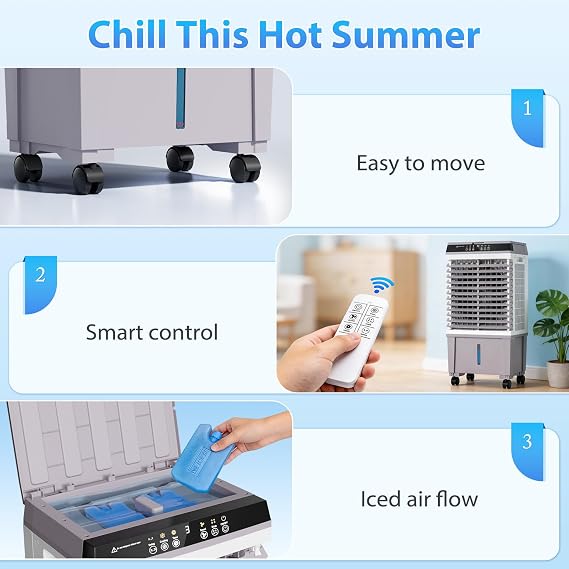 Evaporative Air Cooler with 4 Ice Box, 1800 CFM Removable Air Cooler with Large 5.3 Gallon Water Tank, 120 Oscillation, Remote Control, 12H Timer, Cooling Fan with 3 Speeds for Bedroom Home