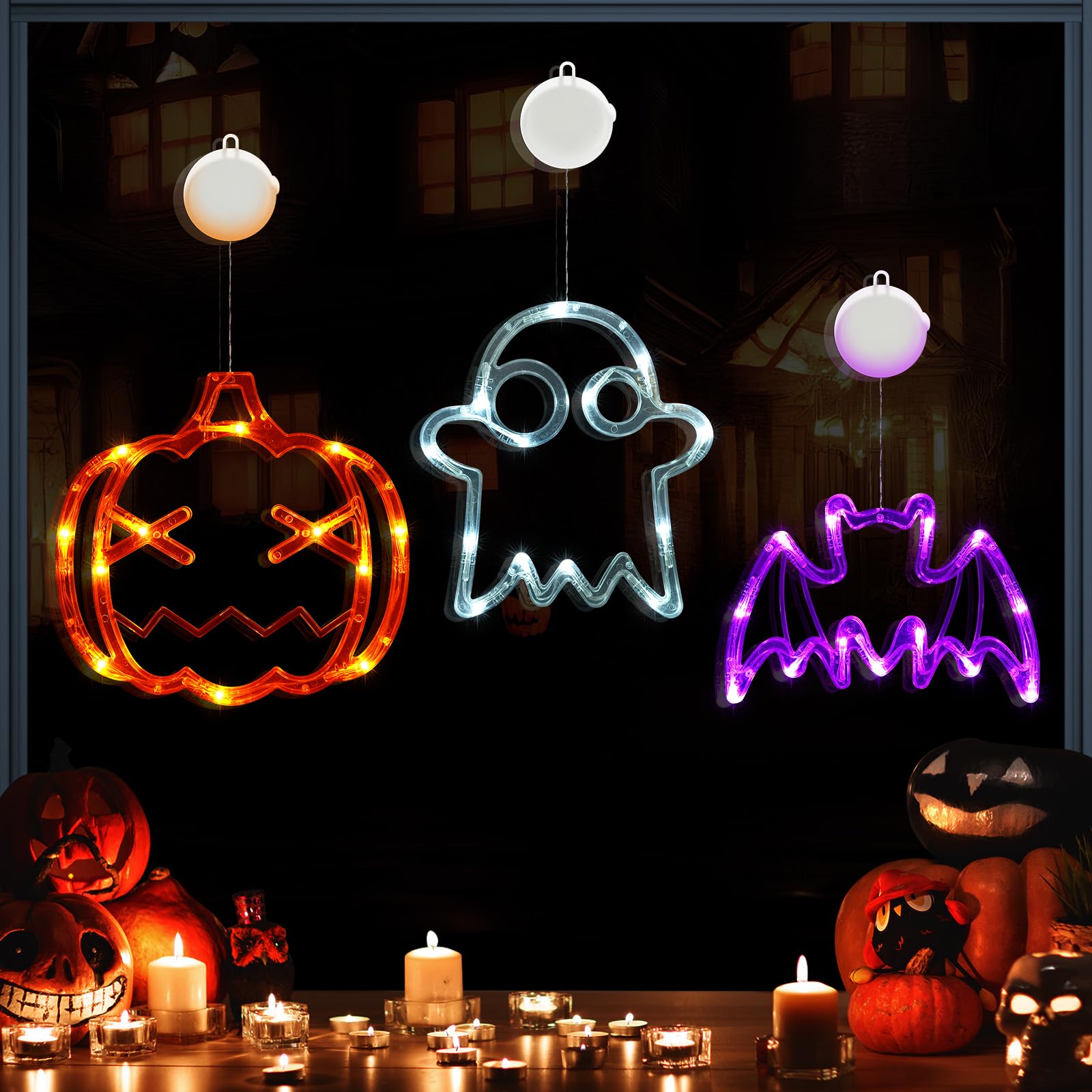 AUAUY Halloween Window Lights - 3 Pack Orange Pumpkin, White Ghost, Purple Bat Decoration With Suction Cup - Battery Operated for Indoor Home Party Decor