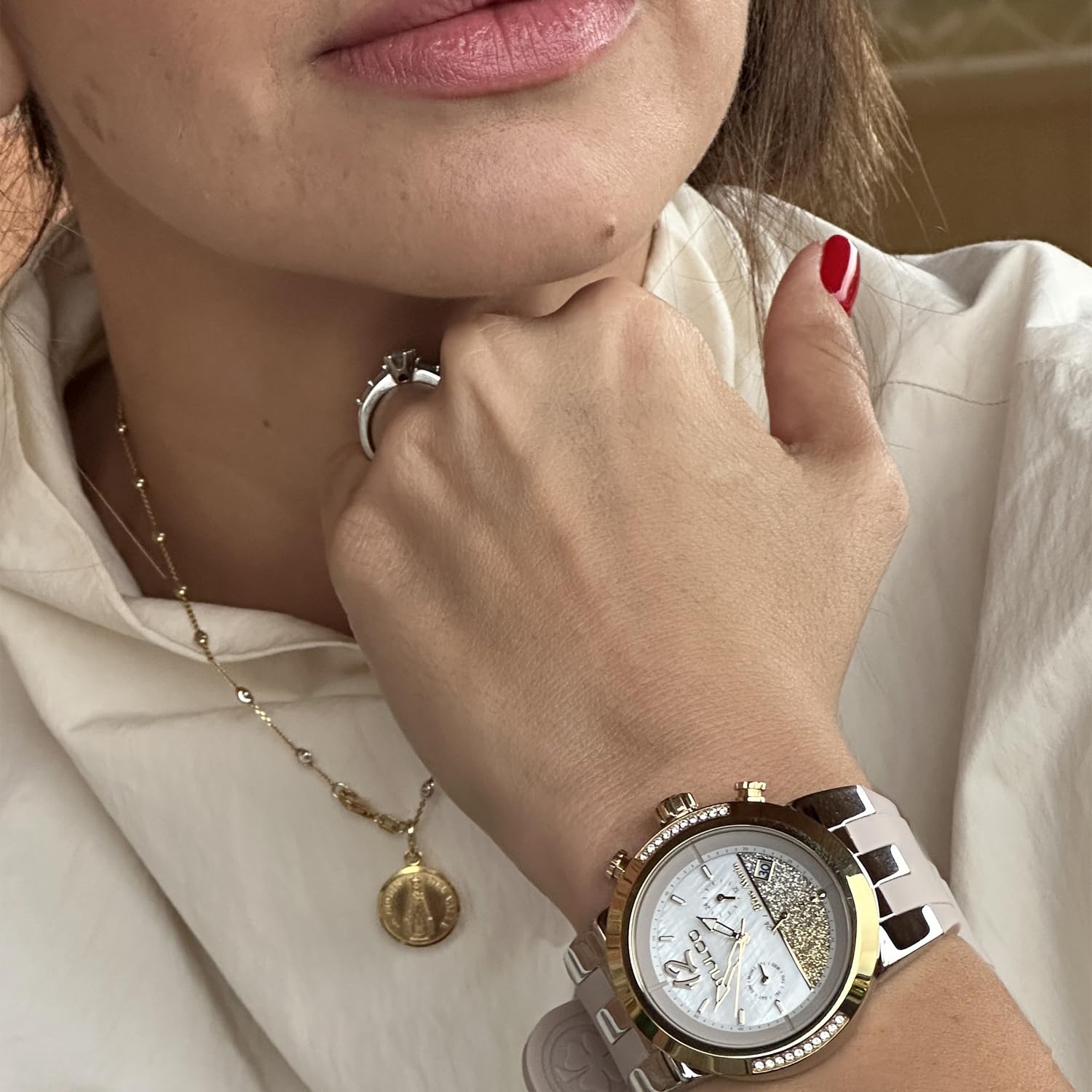 Mulco Blue Marine - Reloj de cuarzo multifuncional para mujer, correa de acero inoxidable y silicona, pantalla analógica, tonos Swarovski y detalles de oro rosa resistente al agua