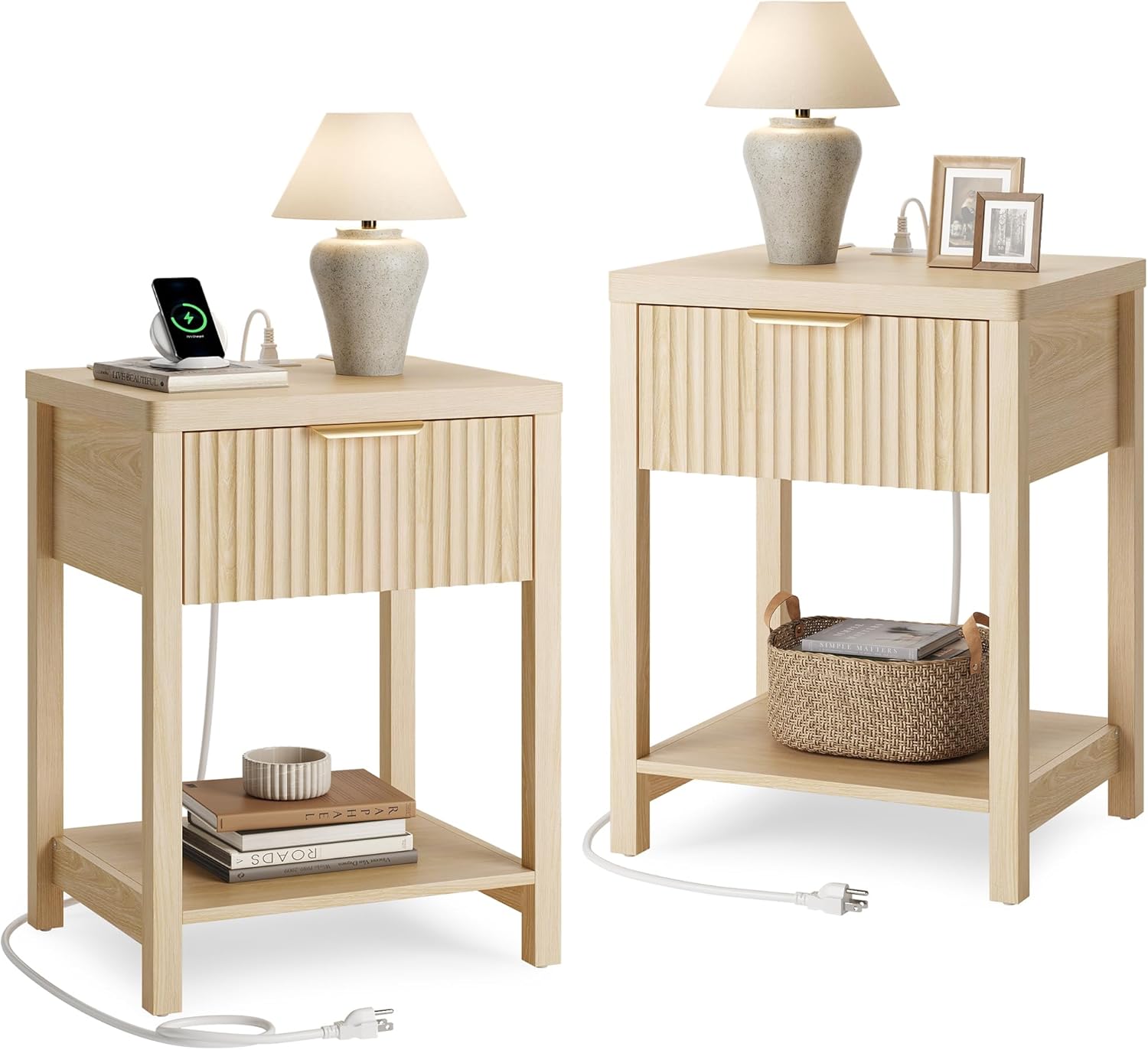 Fluted Nightstand with Charging Station