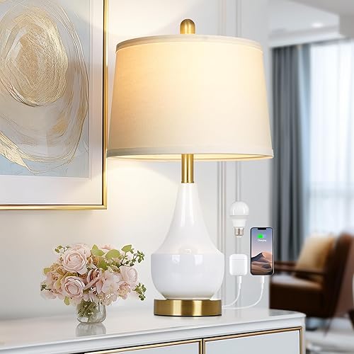 Cinyirong Lámpara de mesa blanca moderna, lámpara de mesa de cerámica de 24 pulgadas con puertos USB A+C, lámpara clásica para mesita de noche,