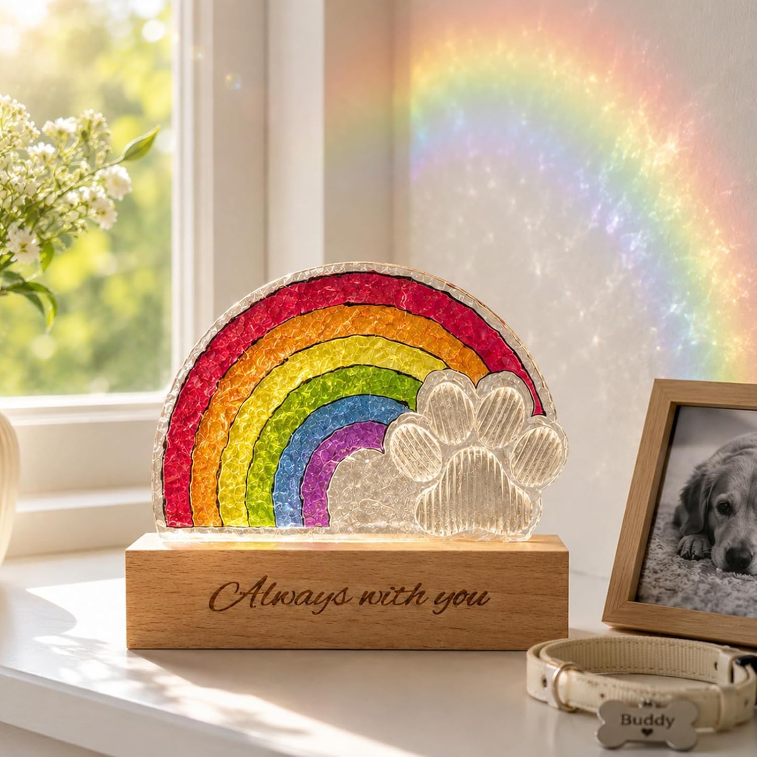 Pet Memorial Night Light, Rainbow Bridge Dual-Mode Tabletop Suncatcher & Decorative Lamp, Paw Print Keepsake, Dog Cat Sympathy Gift for Pet Loss, Healing Desk/Bedside Decor