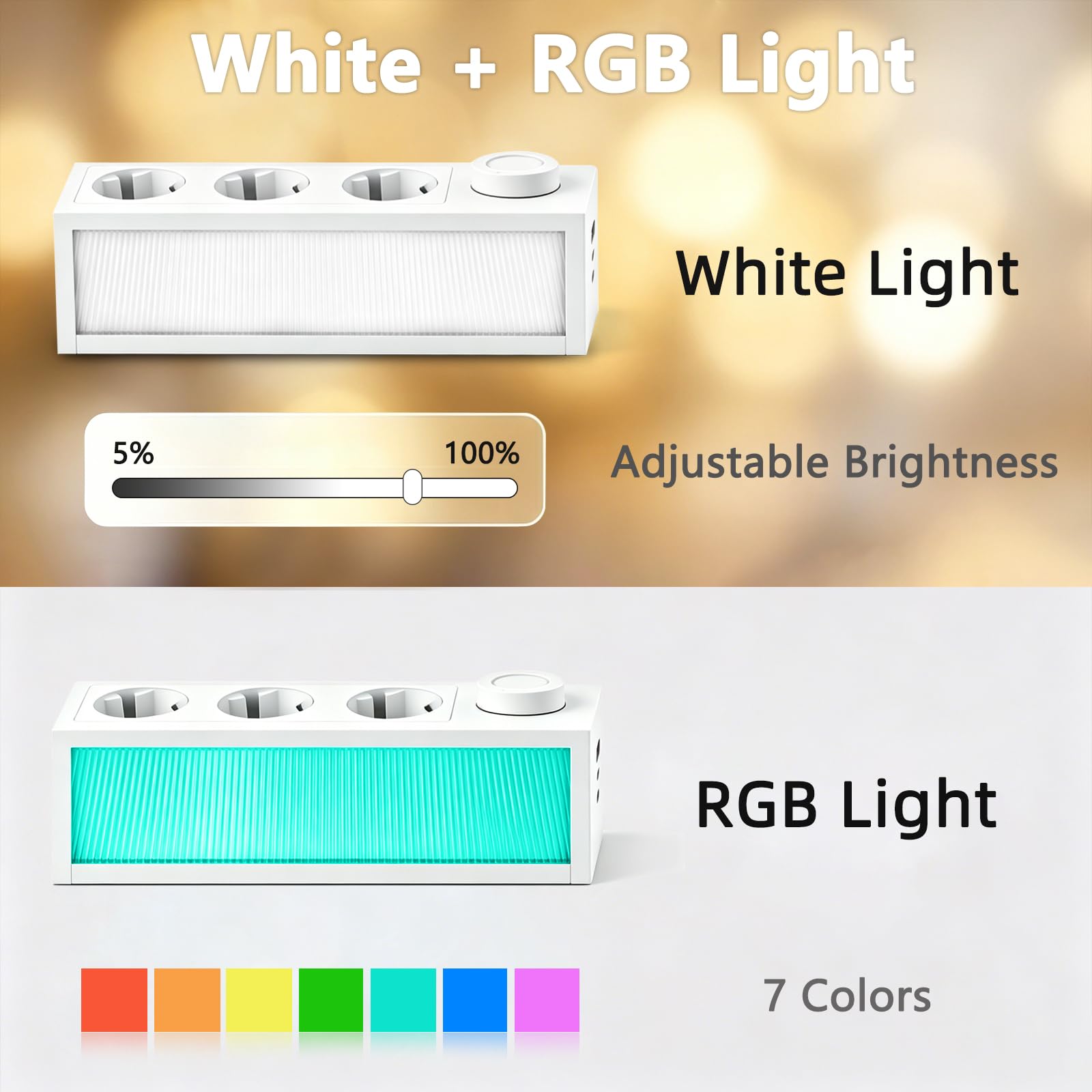 Listwa zasilająca z białym światłem RGB, 7 w 1 gniazdo wtykowe (3 gniazda, 3 USB), gniazdko + światło neonowe + lampka nocna, 3680 W, wtyczka wielokrotna z ochroną przed przepięciem, kabel 1,5 m, do