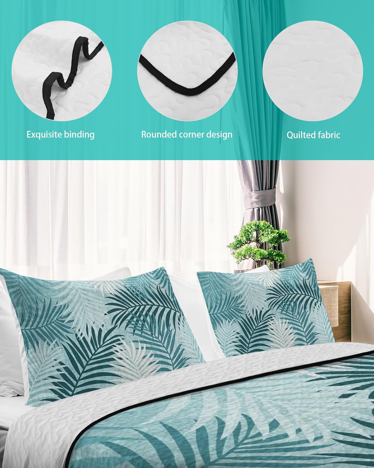 Full Size Quilt Set, Teal Palm Leaf Lightweight Bedspread Coverlet Set Soft Microfiber Summer Quilt with 2 Pillow Shams, Tropical Island Leaves 3 Piece Comforter Bedding Set