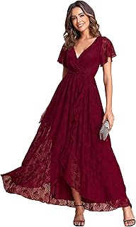 Women's Lace V Neck Ruffles Sleeves Pleated Empire Waist A-Line Maxi Formal Dresses 01489
