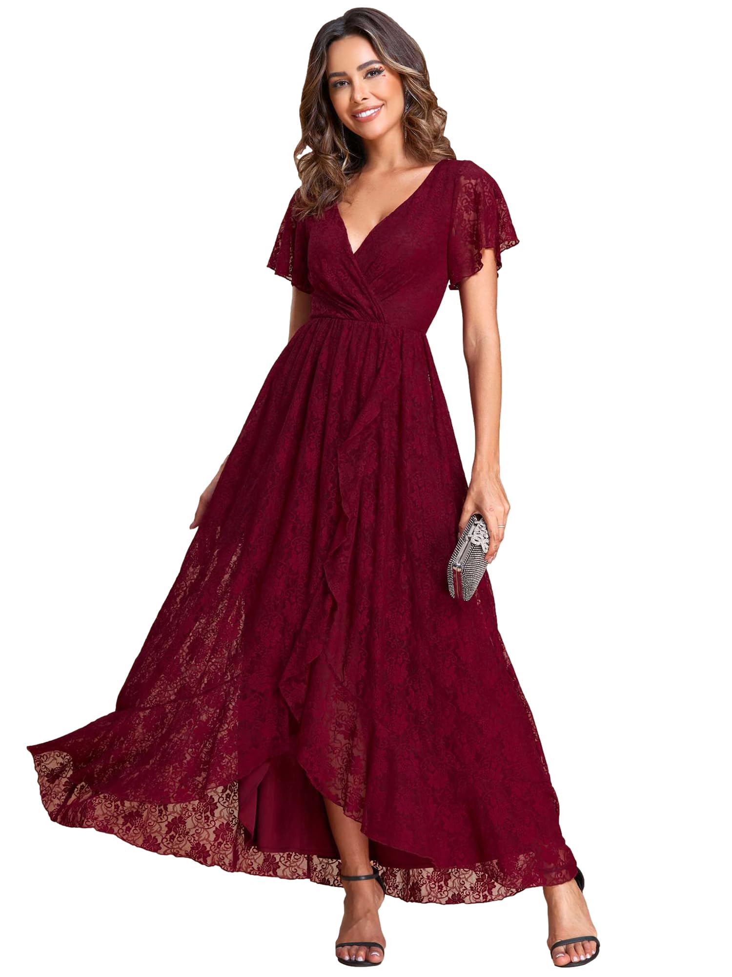 Ever-PrettyWomen's Lace V Neck Ruffles Sleeves Pleated Empire Waist A-Line Maxi Formal Dresses 01489