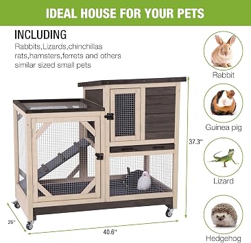 GUTINNEEN Rabbit Hutch Indoor Mobile Bunny Cage with Run Wooden 2 Story Guinea Pig Cage Outdoor for Small Animals with Wheels,Two Deeper No Leak Trays(Brown)