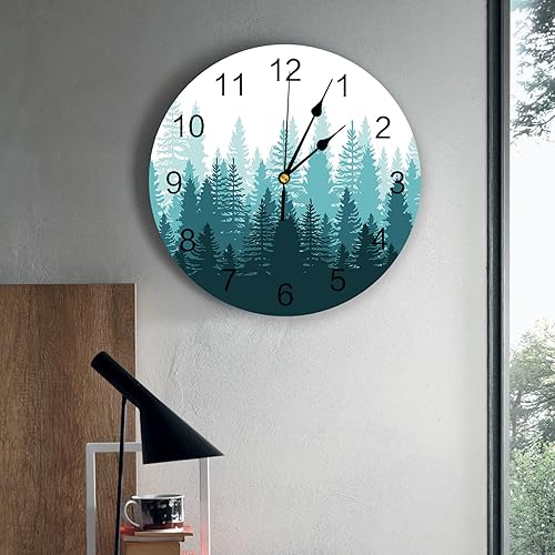 Miniatura 3 de Reloj de pared con árbol del bosque, funciona con pilas, reloj de pared silencioso de PVC sin tictac de 10 pulgadas, paisaje forestal brumoso,